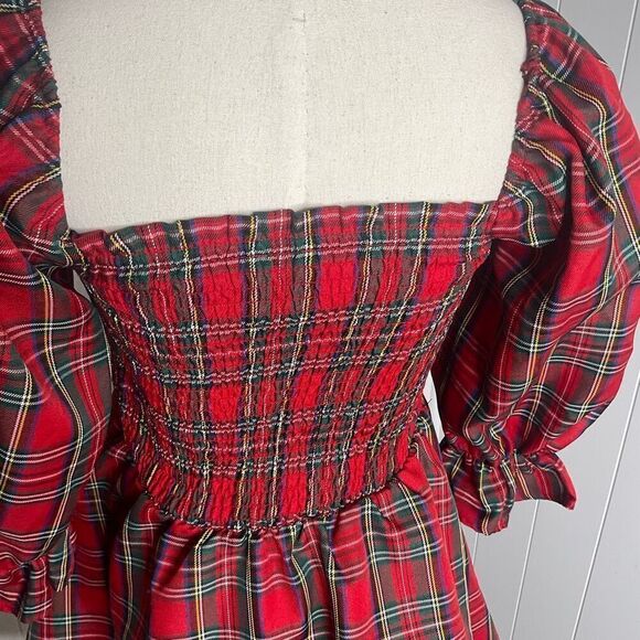 Blue Rain Women XS Red Plaid Ballon Sleeve Baby Doll Mini Dress Peasant Cottage - Picture 9 of 15